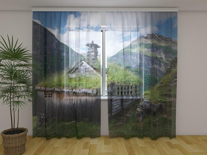 Dienas un nakts aizkari - Kalnu saimniecība Norvēģijas fjordos 180 x 140 cm (2X 90x140 cm) / Сaurspīdīgs šifons E-interjers.lv