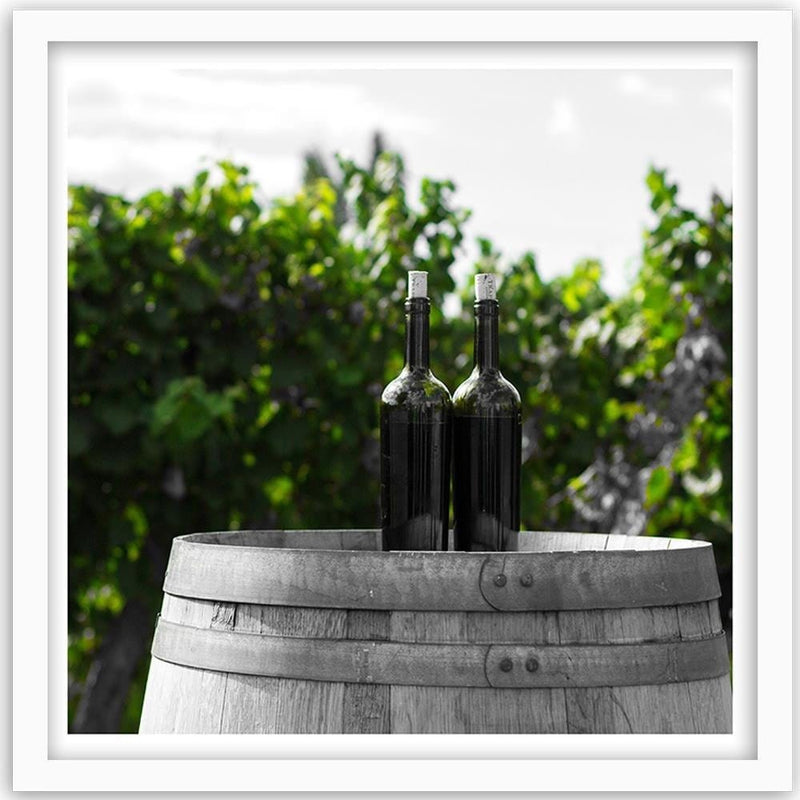 Glezna baltā rāmī - Wine Bottles On The Barrel 2  Home Trends DECO