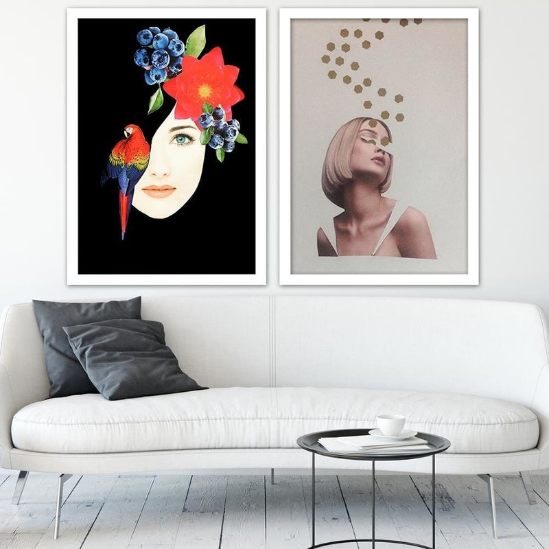 Glezna baltā rāmī - Woman Face With Flowers  Home Trends DECO