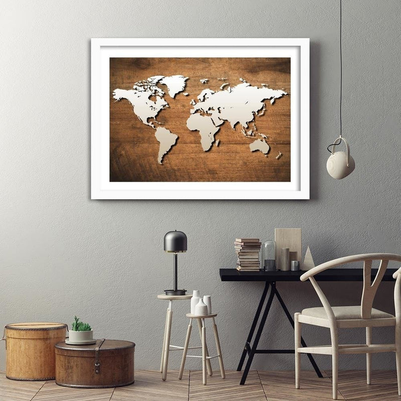 Glezna baltā rāmī - World Map On A Wooden Board  Home Trends DECO