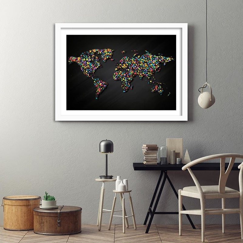 Glezna baltā rāmī - World Map With Colored Dots  Home Trends DECO