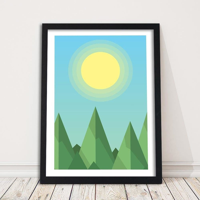 Glezna melnā rāmī - Geometric Forest Landscape With The Sun  Home Trends