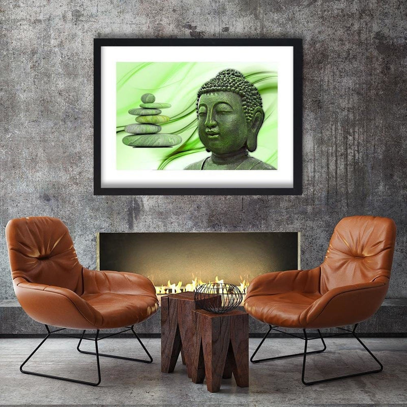 Glezna melnā rāmī - Head Of Buddha And Zen Stones  Home Trends