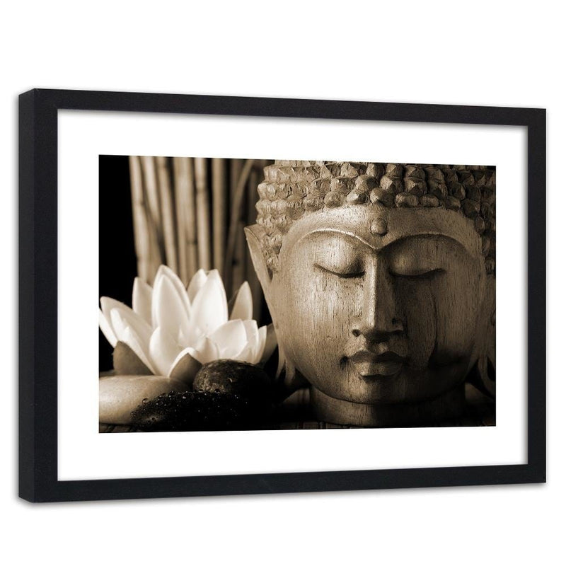 Glezna melnā rāmī - Head Of Buddha With Lily  Home Trends