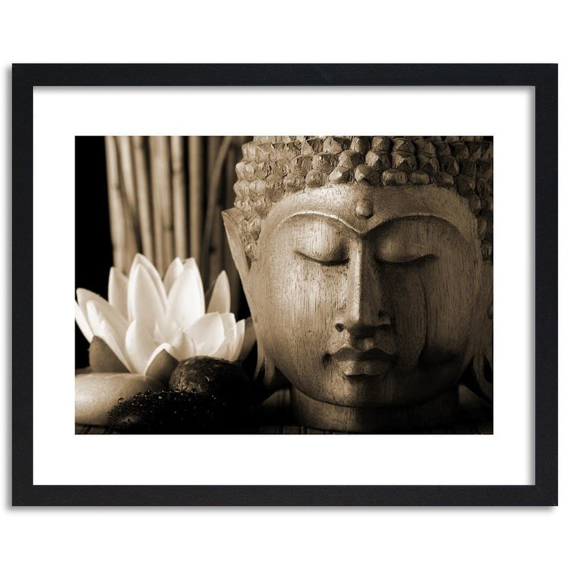 Glezna melnā rāmī - Head Of Buddha With Lily  Home Trends