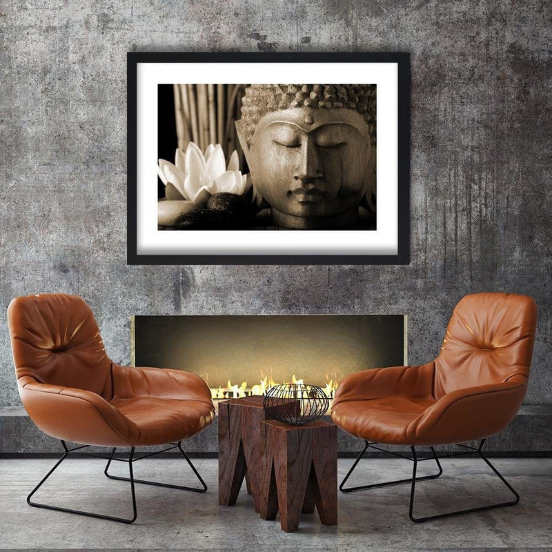 Glezna melnā rāmī - Head Of Buddha With Lily  Home Trends