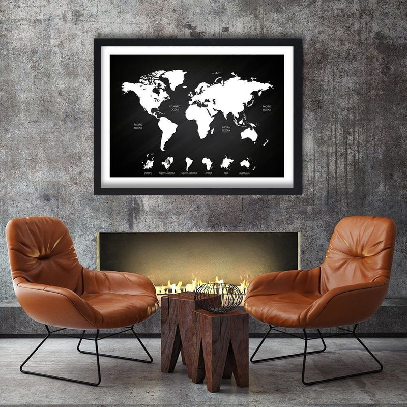 Glezna melnā rāmī - Map Of The World And Continents  Home Trends