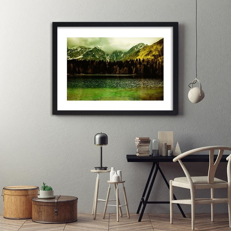 Glezna melnā rāmī - Mountains On The Lake 3  Home Trends