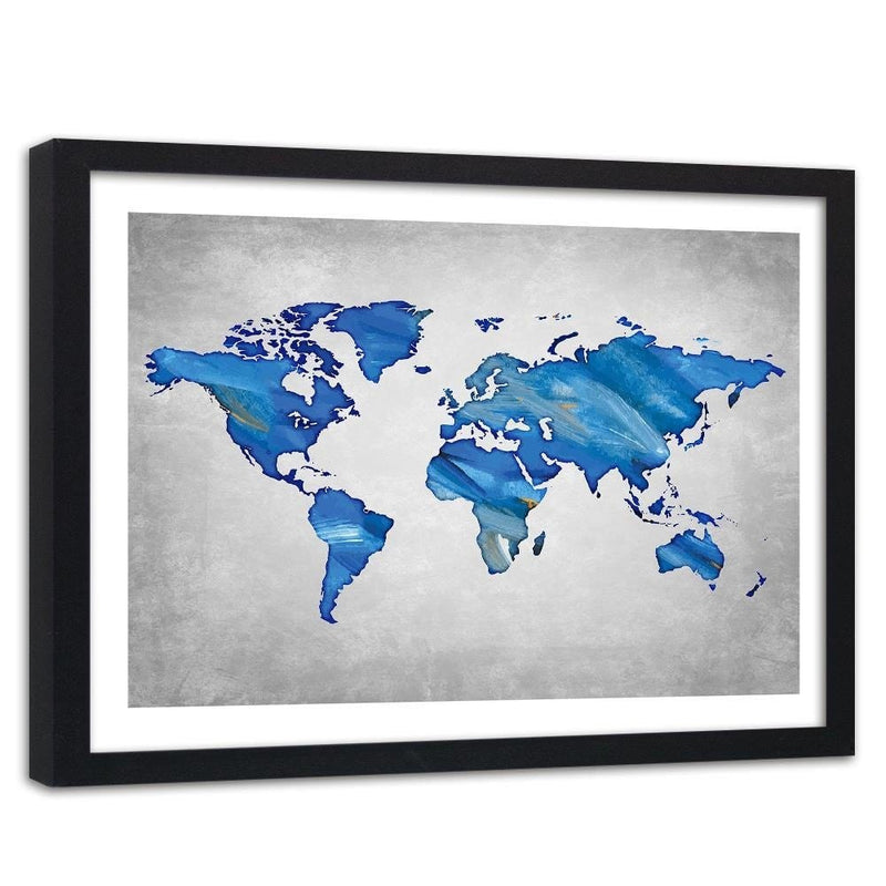 Glezna melnā rāmī - Navy Blue Map Of The World On Concrete  Home Trends