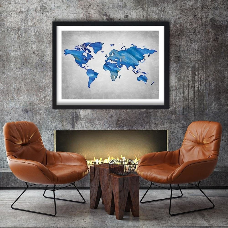 Glezna melnā rāmī - Navy Blue Map Of The World On Concrete  Home Trends