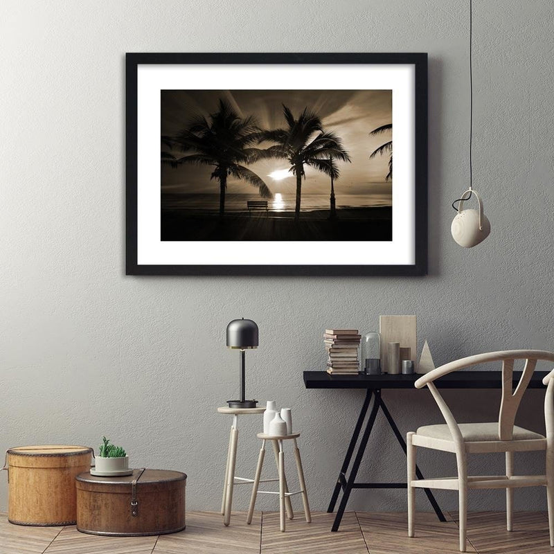 Glezna melnā rāmī - Palm Trees And Sun Rays 1  Home Trends