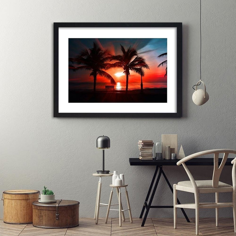 Glezna melnā rāmī - Palm Trees And Sun Rays 3  Home Trends