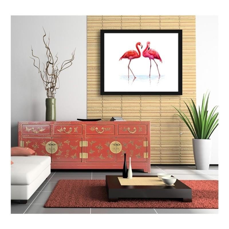 Glezna melnā rāmī - Realistic illustration of flamingos standing in the water  Home Trends