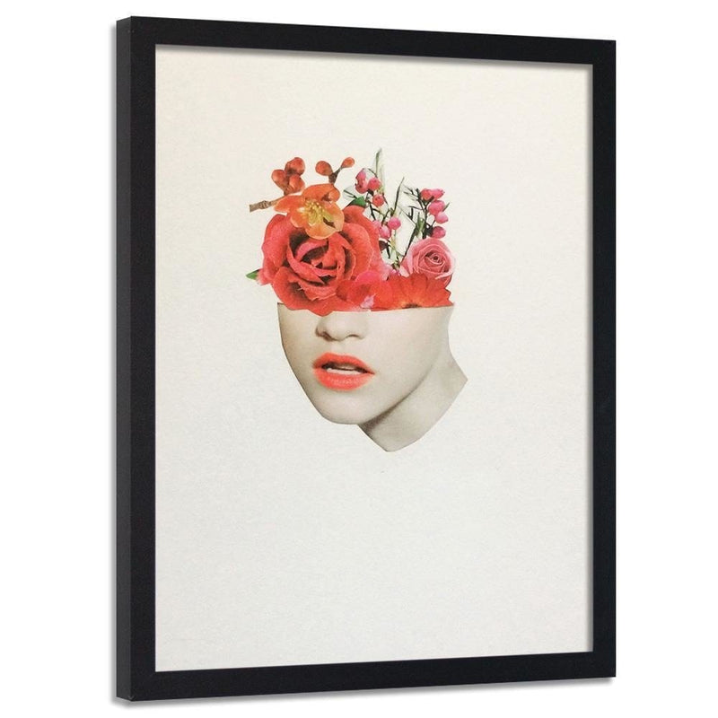 Glezna melnā rāmī - Woman Face With Red Roses  Home Trends