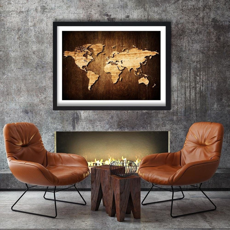 Glezna melnā rāmī - Wooden World Map  Home Trends