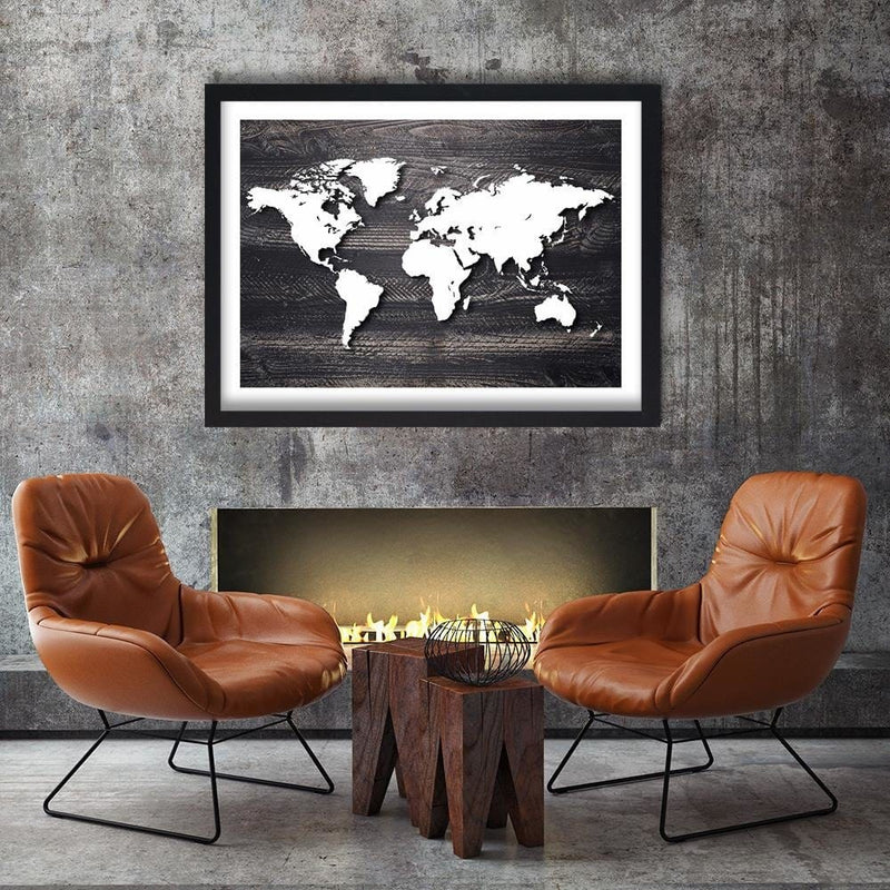 Glezna melnā rāmī - World Map On A Gray Wood  Home Trends