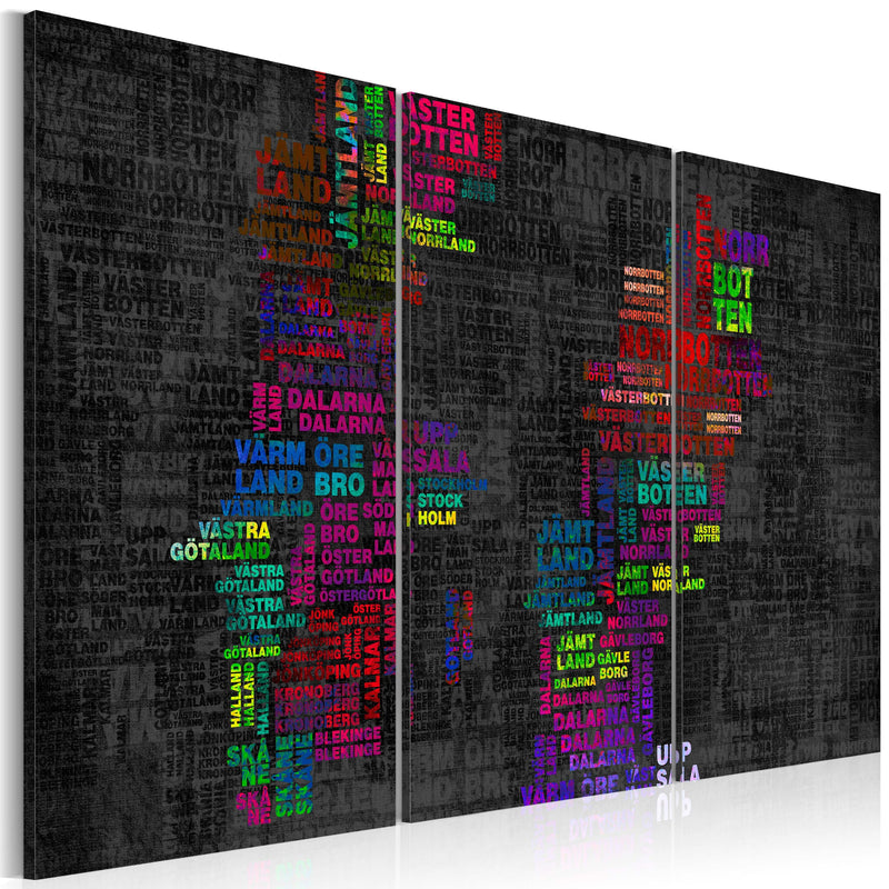 Glezna - Map of Sweden (colored names of cities) - triptych Home Trends