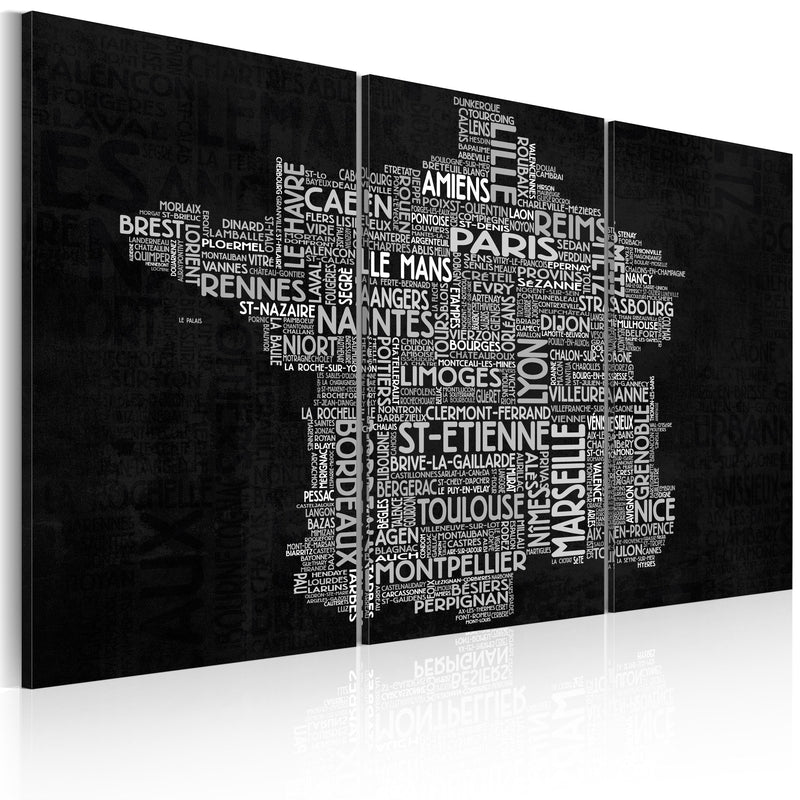 Glezna - Text map of France on the black background - triptych Home Trends