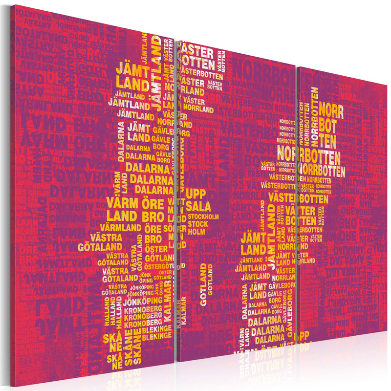 Glezna - Text map of Sweden (pink background) - triptych Home Trends