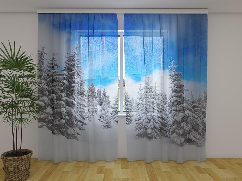 Ziemassvētku aizkari - Ziema mežā 180 x 140 cm (2X 90x140 cm) / Сaurspīdīgs šifons E-interjers.lv