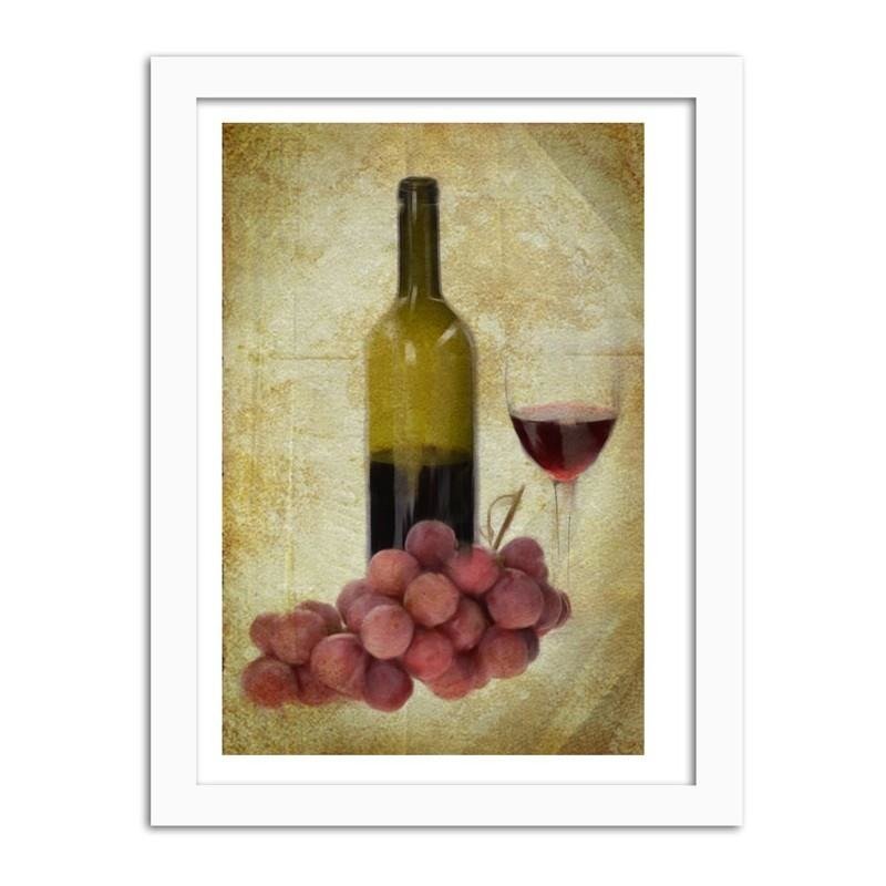 Glezna baltā rāmī - A bottle of wine and grapes 