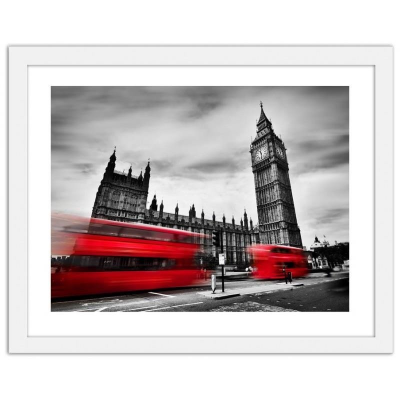 Glezna baltā rāmī - Red buses on the move and Big Ben 