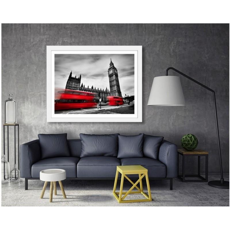 Glezna baltā rāmī - Red buses on the move and Big Ben 