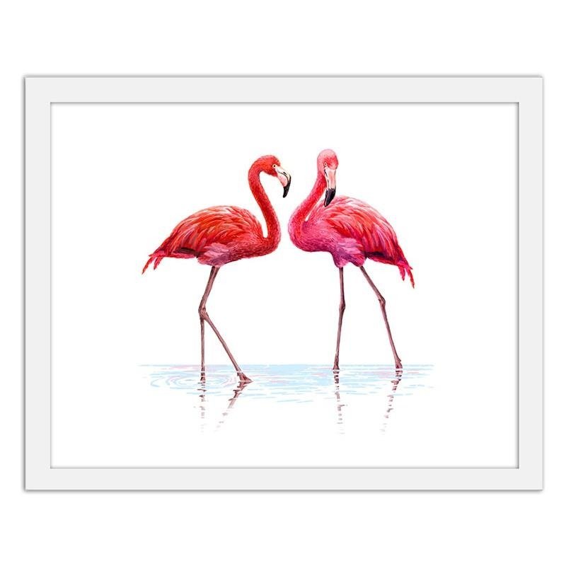 Glezna baltā rāmī - Realistic illustration of flamingos standing in the water 