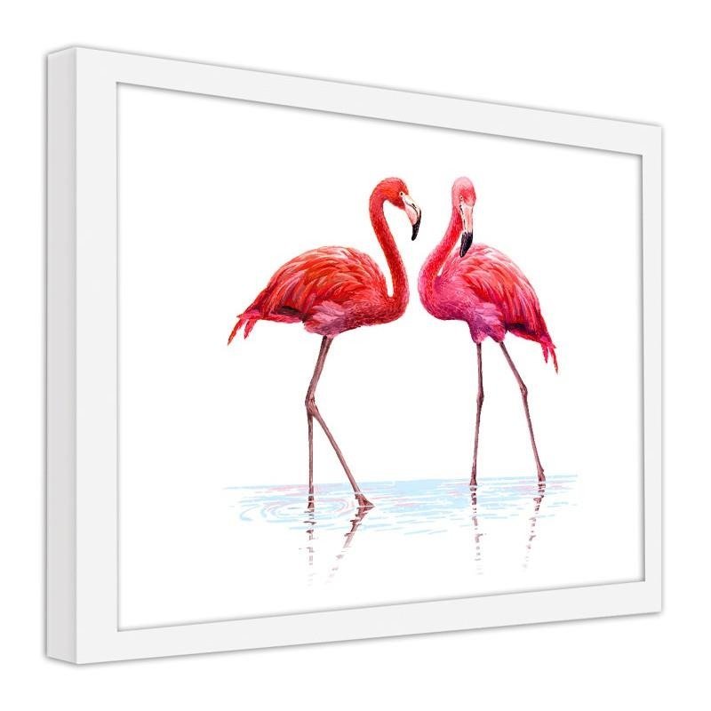 Glezna baltā rāmī - Realistic illustration of flamingos standing in the water 