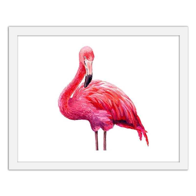 Glezna baltā rāmī - Realistic illustration of a pink flamingo 