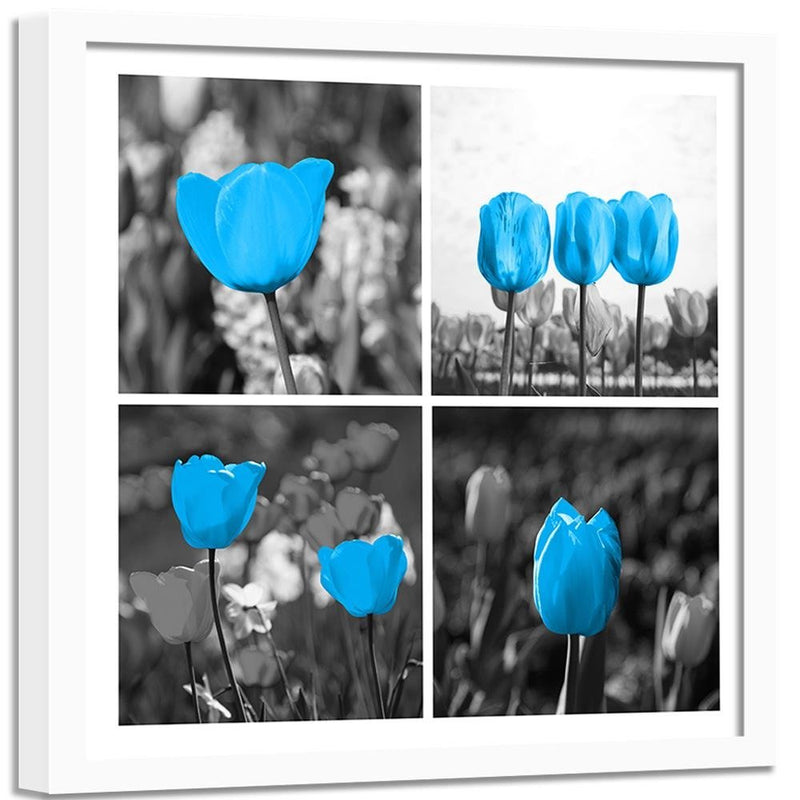 Glezna baltā rāmī - Set Of Blue Tulips 