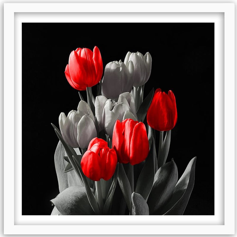 Glezna baltā rāmī - Bouquet Of Red Tulips 