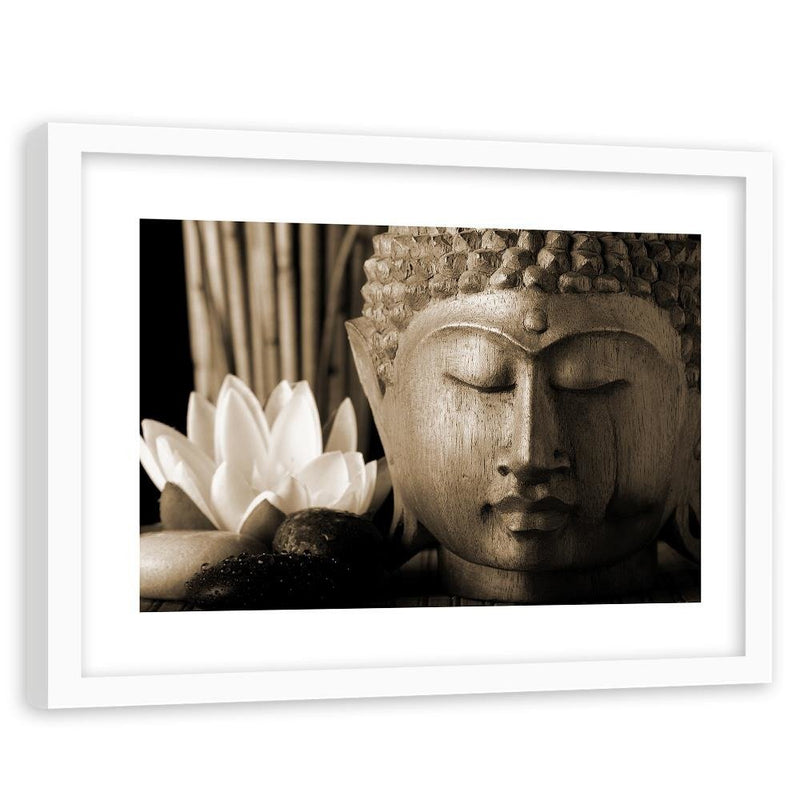 Glezna baltā rāmī - Head Of Buddha With Lily 