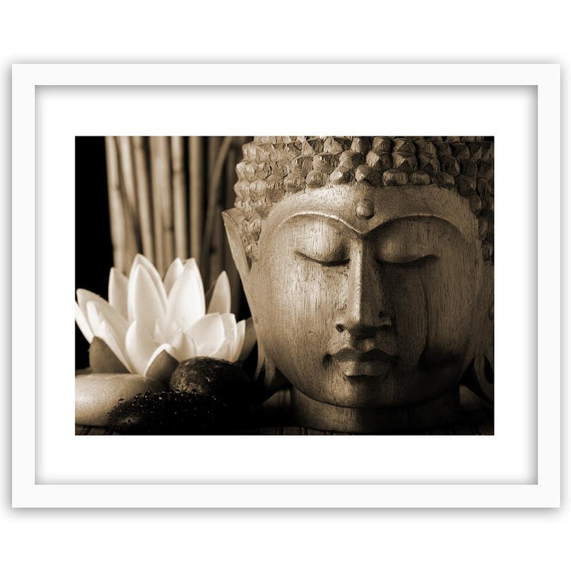 Glezna baltā rāmī - Head Of Buddha With Lily 