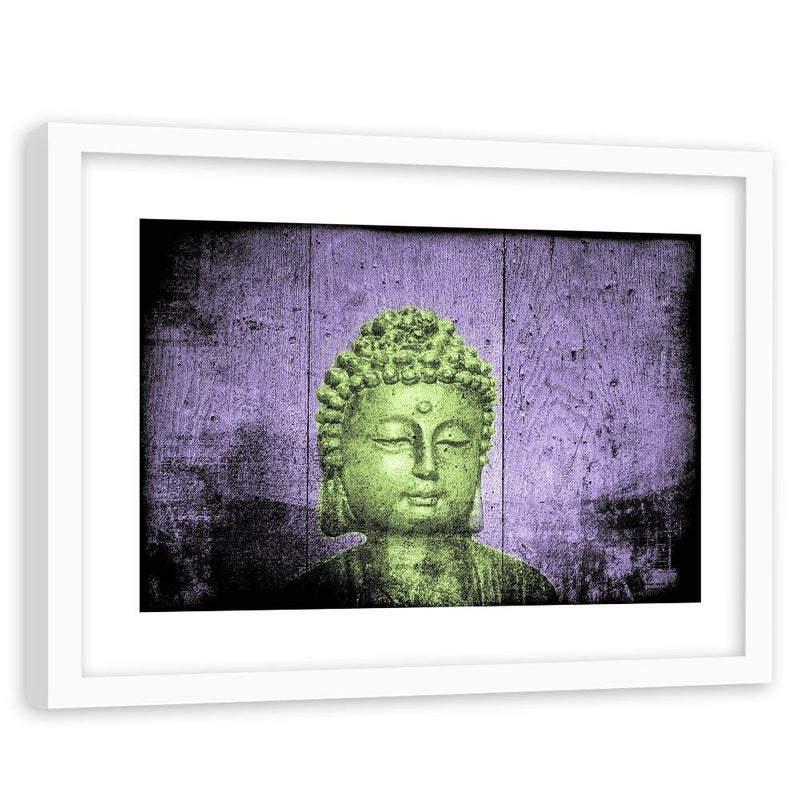 Glezna baltā rāmī - Buddha On Wooden Background 