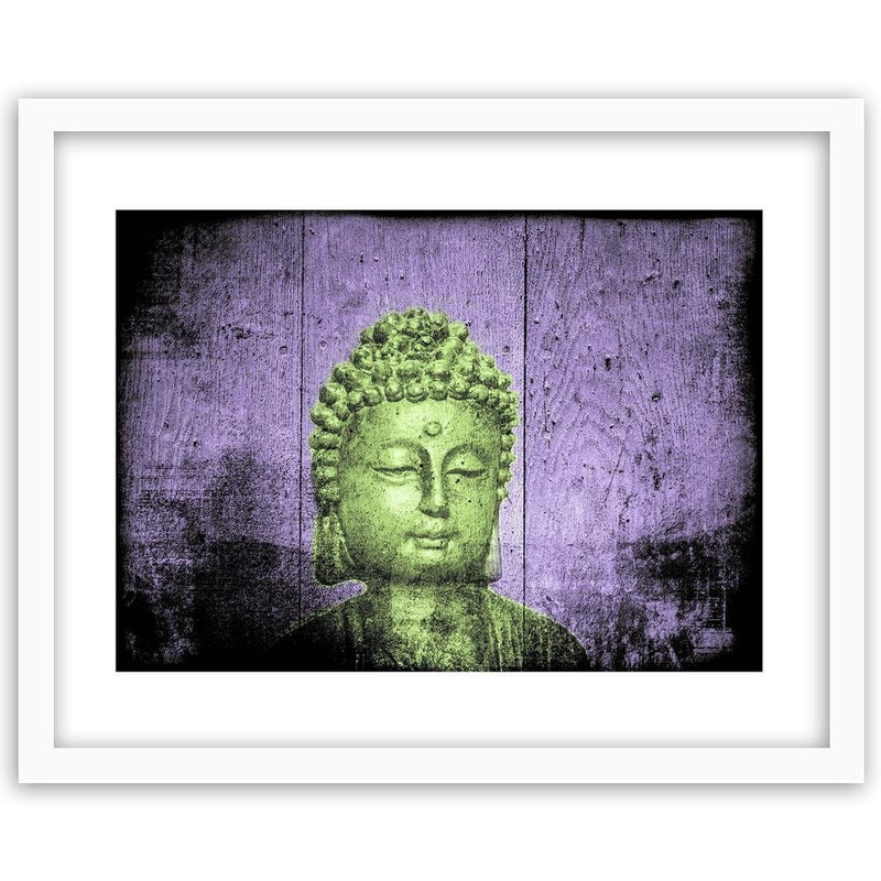 Glezna baltā rāmī - Buddha On Wooden Background 