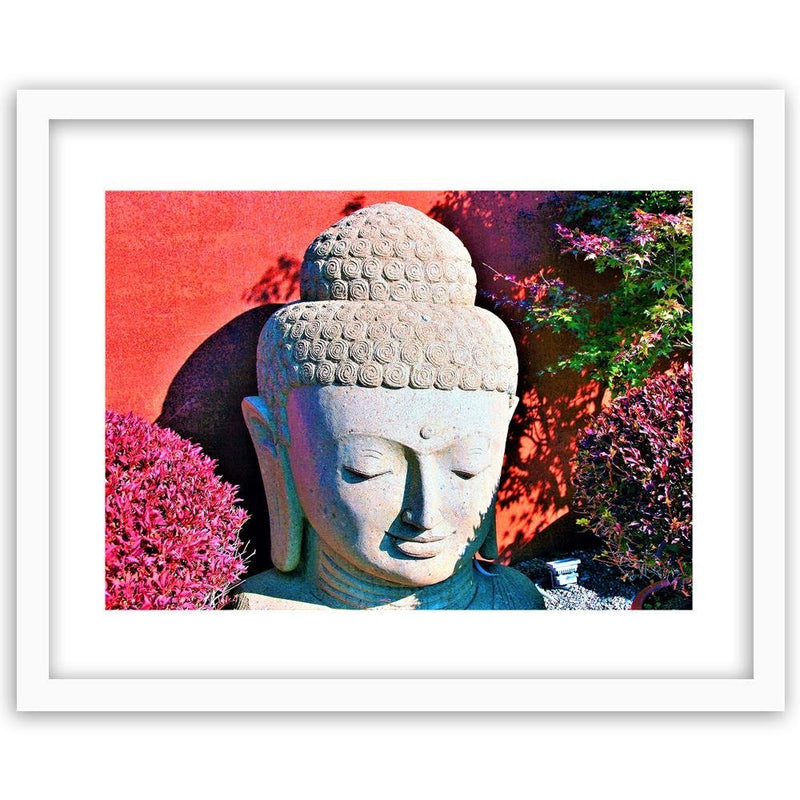 Glezna baltā rāmī - Head Of Buddha Among The Plants 