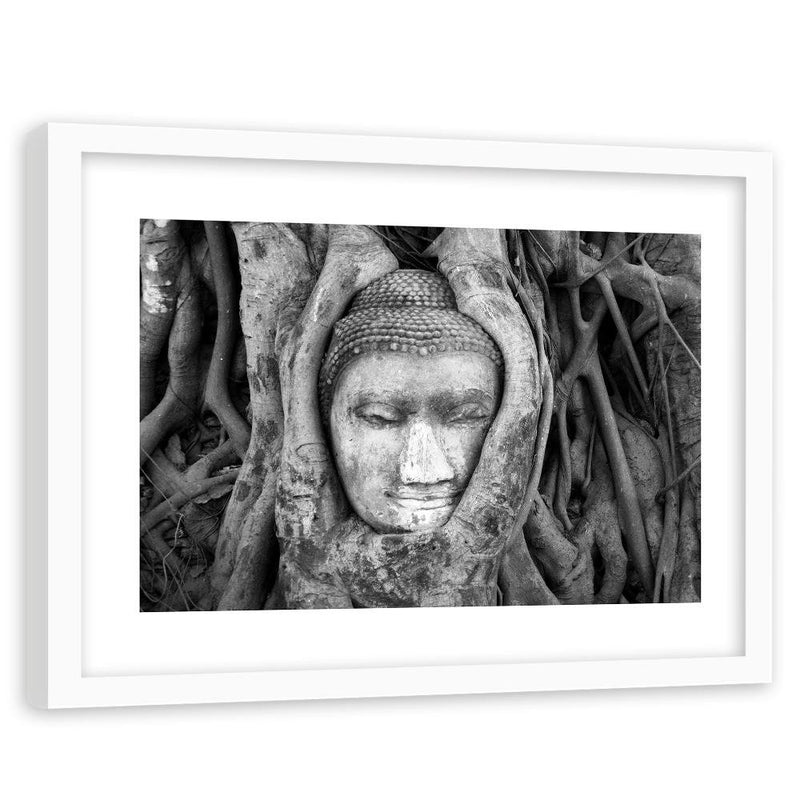 Glezna baltā rāmī - Head Of Buddha In Tree 