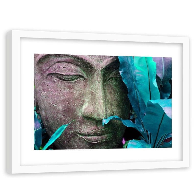 Glezna baltā rāmī - Buddha's Face With Leaf 