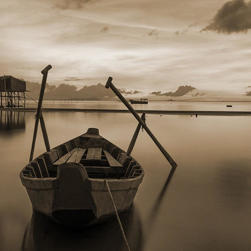 Glezna baltā rāmī - Boat On Calm Lake 1 