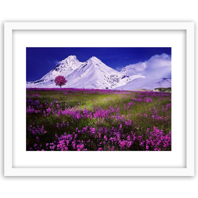 Glezna baltā rāmī - Snowy Mountains And Colorful Meadow 4 