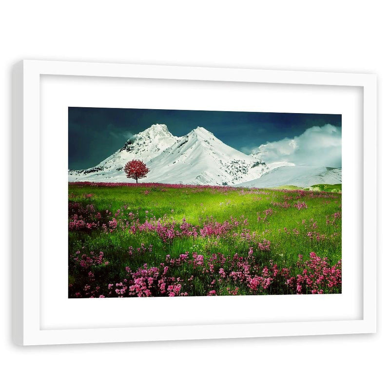 Glezna baltā rāmī - Snowy Mountains And Colorful Meadow 3 