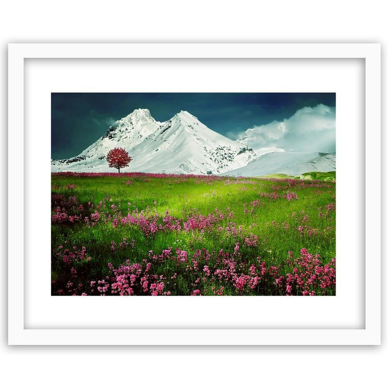 Glezna baltā rāmī - Snowy Mountains And Colorful Meadow 3 