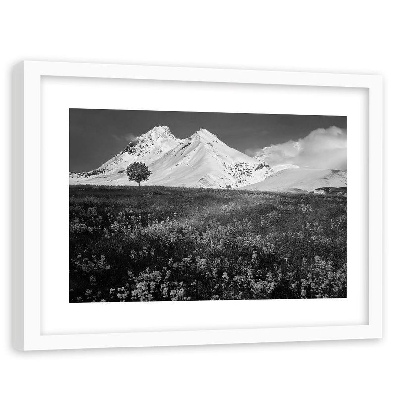 Glezna baltā rāmī - Snowy Mountains And Colorful Meadow 2 