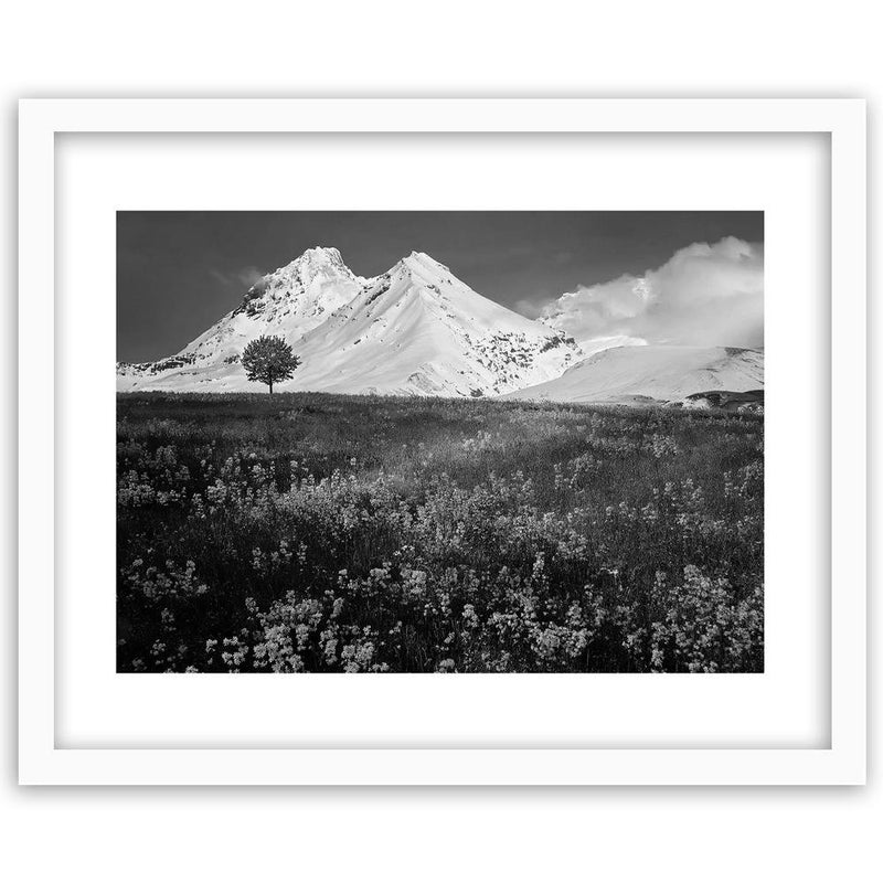 Glezna baltā rāmī - Snowy Mountains And Colorful Meadow 2 