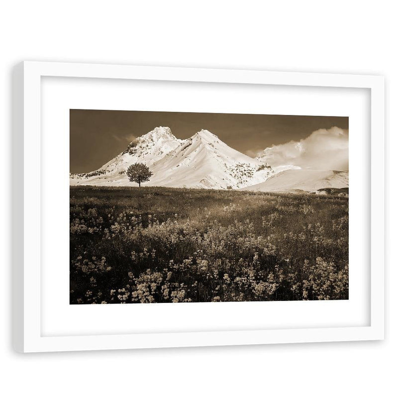 Glezna baltā rāmī - Snowy Mountains And Colorful Meadow 1 