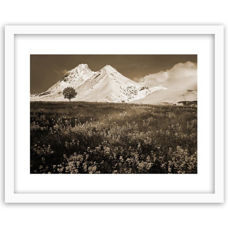 Glezna baltā rāmī - Snowy Mountains And Colorful Meadow 1 