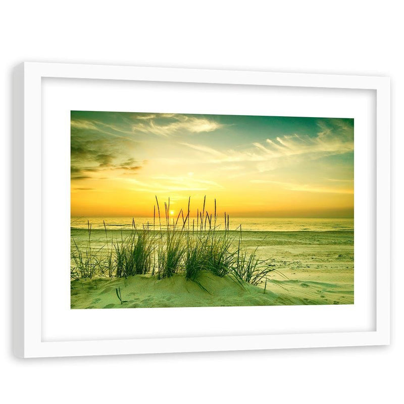 Glezna baltā rāmī - Grass On The Beach At Sunset 