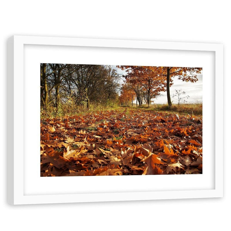 Glezna baltā rāmī - Autumn Leaves On The Forest Road 