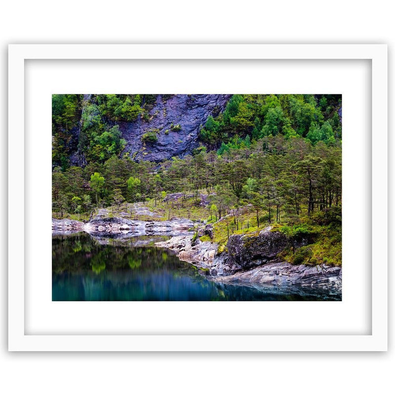 Glezna baltā rāmī - Forest On A Mountain Lake 